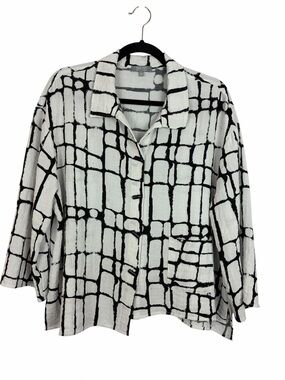 Habitat Black & White Abstract Grid Print Linen Blend Blouse Top Large FLAW